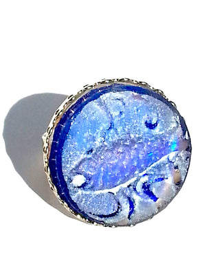 Ring Hand Cast French Glass Fish Blue Silver Plated Band