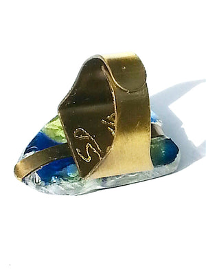 Ring Hand Cast French Glass Floral Blue Yellow