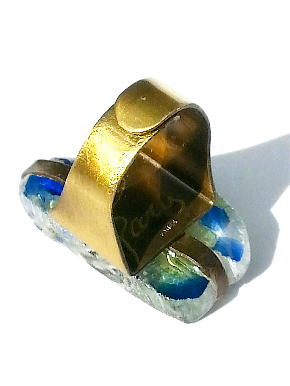 Ring Hand Cast French Glass Floral Blue Yellow