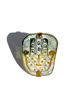 Ring Hand Cast French Glass Hamsa Green and Yellow Gold Plated Band