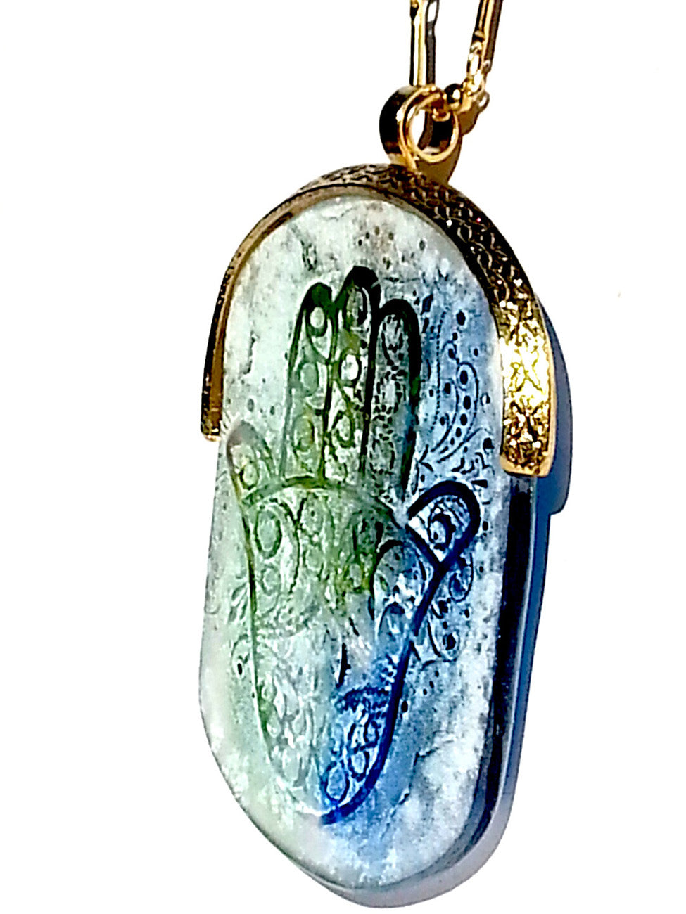 Necklace Hand Cast French Glass  Pendant Hamsa Blue Green