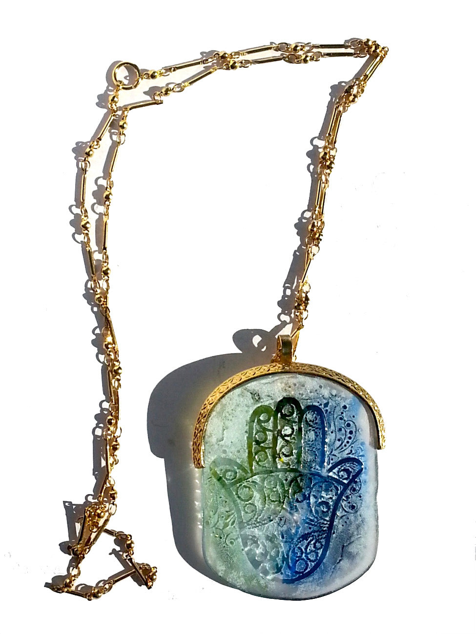 Necklace Hand Cast French Glass  Pendant Hamsa Blue Green