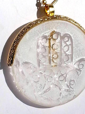 Necklace Hand Cast French Glass  Pendant Hamsa white