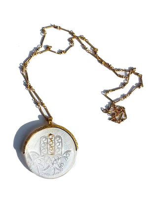 Necklace Hand Cast French Glass  Pendant Hamsa white