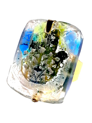 Ring Hand Cast French Glass Hamsa Blue Green Gold Plated Band