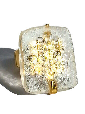 Ring Hand Cast French Glass Hamsa White Gold Plated Band
