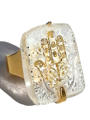 Ring Hand Cast French Glass Hamsa White Gold Plated Band