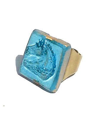 Ring Hand Cast French Glass Horse Aquamarine Gold