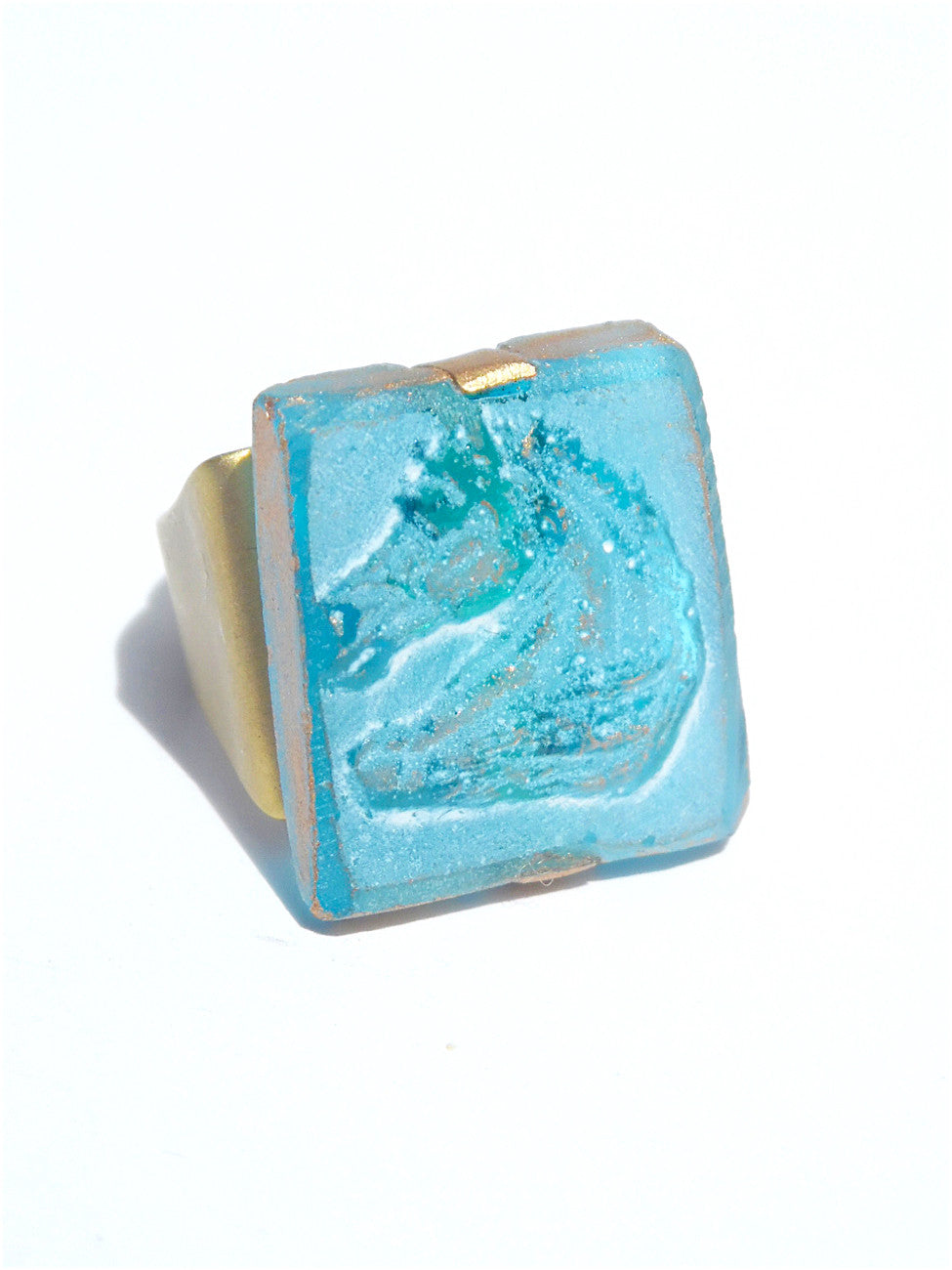 Ring Hand Cast French Glass Horse Aquamarine Gold
