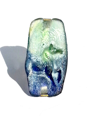 Ring Hand Cast French Glass Horse Blue Green Silver Plated Band