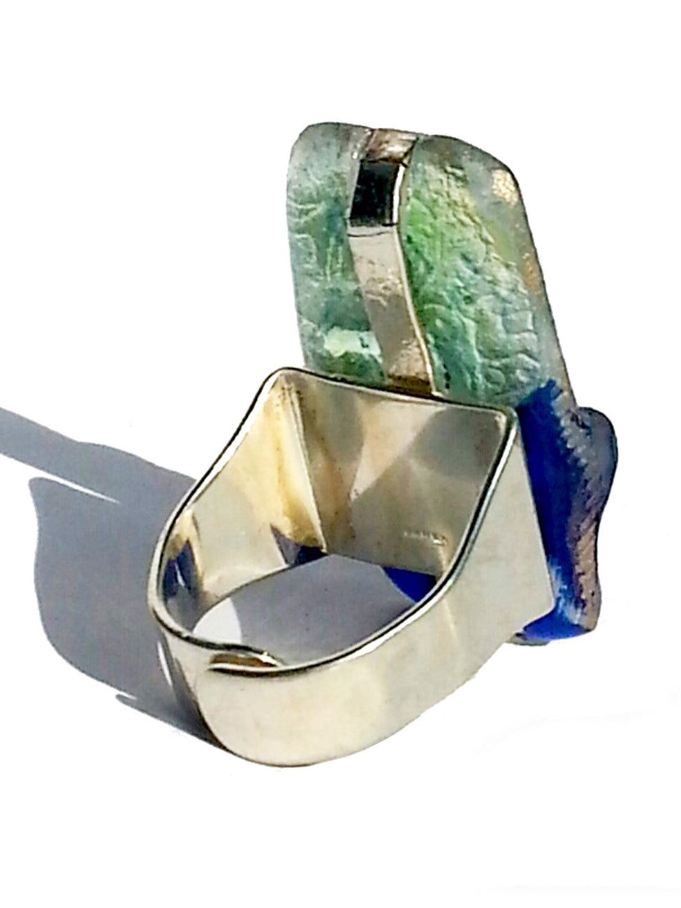 Ring Hand Cast French Glass Horse Blue Green Silver Plated Band