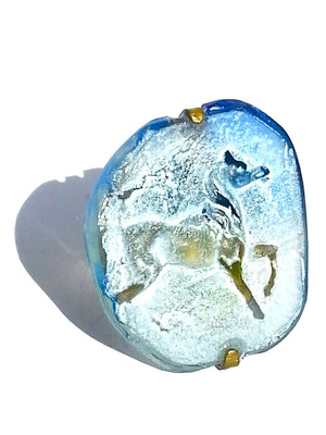 Ring Hand Cast French Glass Horse Blue and White