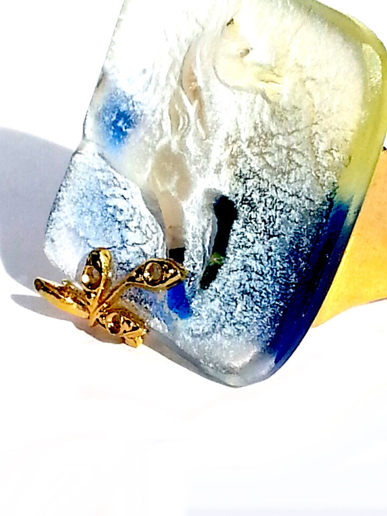 Ring Hand Cast French Glass Horse Blue and White Gold Plated Band