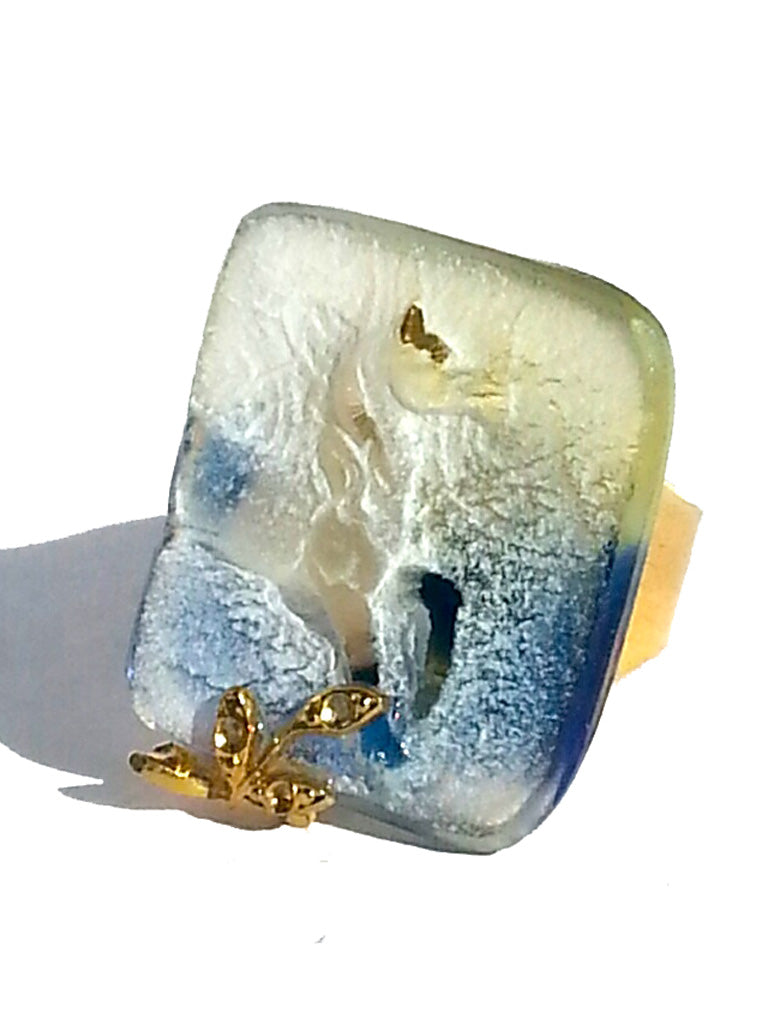 Ring Hand Cast French Glass Horse Blue and White Gold Plated Band