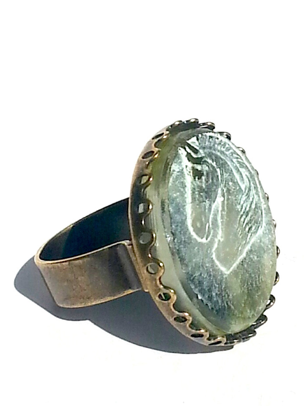 Ring Hand Cast French Glass Horse Green
