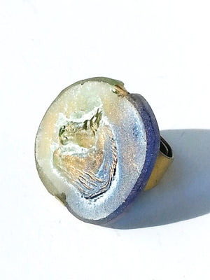 Ring Hand Cast French Glass Horse Round Blue Green
