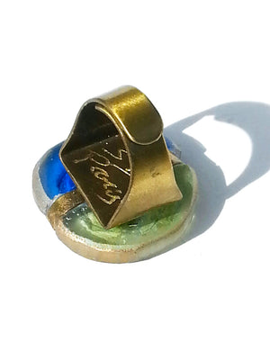 Ring Hand Cast French Glass Horse Round Blue Green