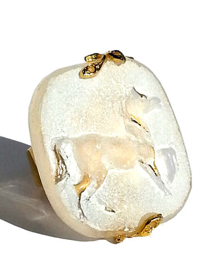 Ring Hand Cast French Glass White Horse Gold Plated Band