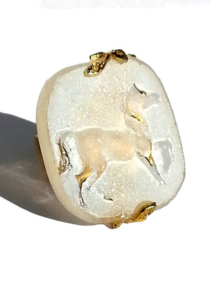 Ring Hand Cast French Glass White Horse Gold Plated Band