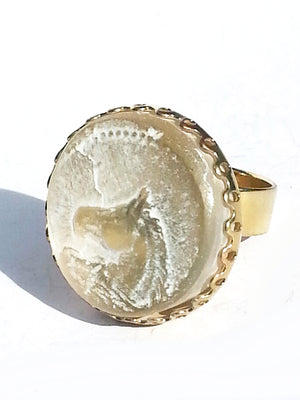 Ring Hand Cast French Glass Horse Round White Gold Plated Band