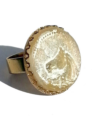 Ring Hand Cast French Glass Horse Round White Gold Plated Band