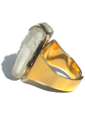 Ring Hand Cast French Glass Woman and Laurel Grey Gold Plated Band