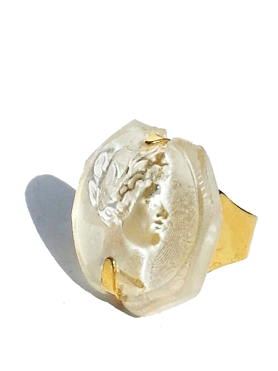 Ring Hand Cast French Glass Woman and Laurel White Gold Plated Band