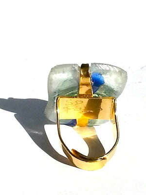 Ring Hand Cast French Glass Moon Blue Green Gold Plated Band