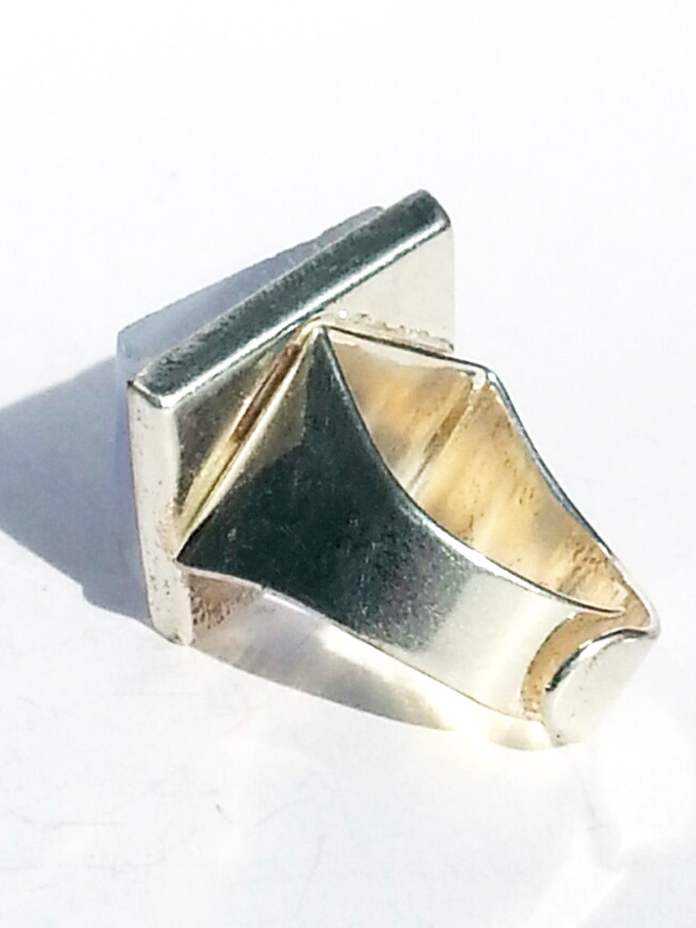 Ring Hand Cast French Glass Square Moon Silver Plated Band