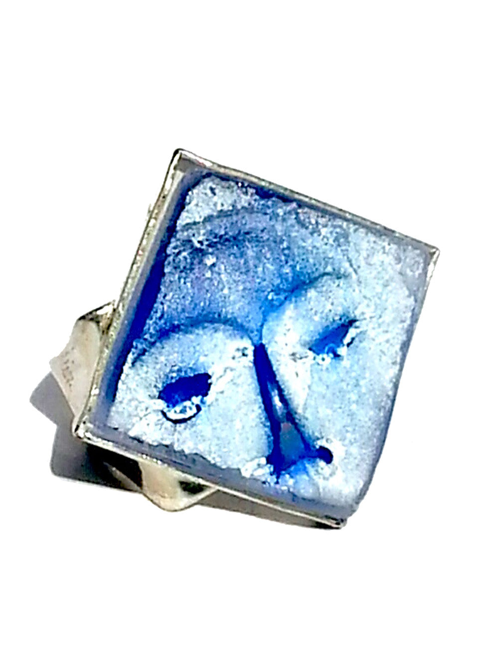 Ring Hand Cast French Glass Square Moon Silver Plated Band