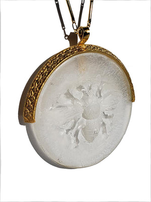 Necklace Hand Cast French Glass Bee White Round