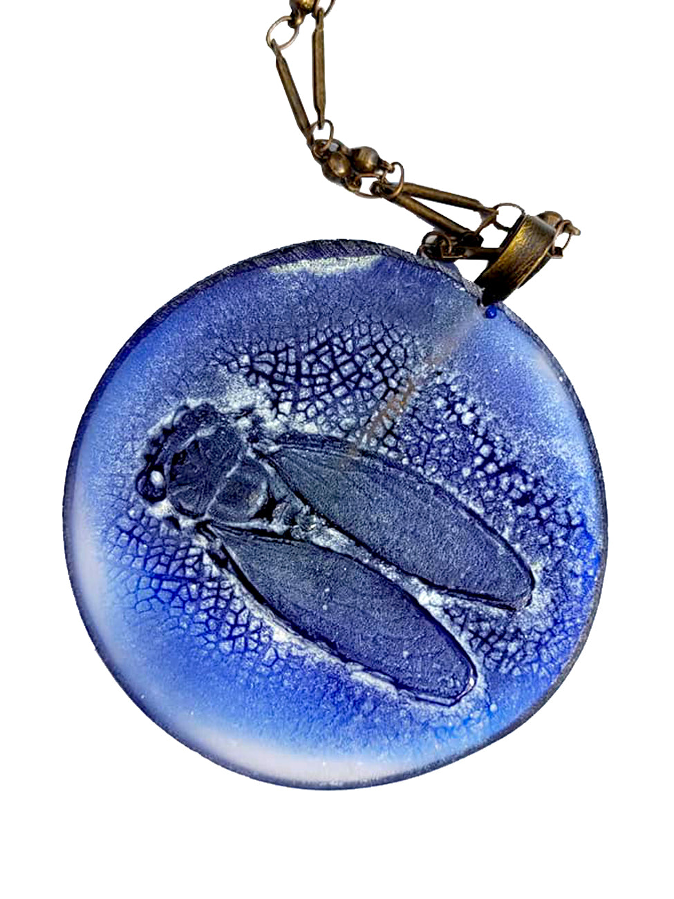 Necklace Hand Cast French Glass Beetle Blue