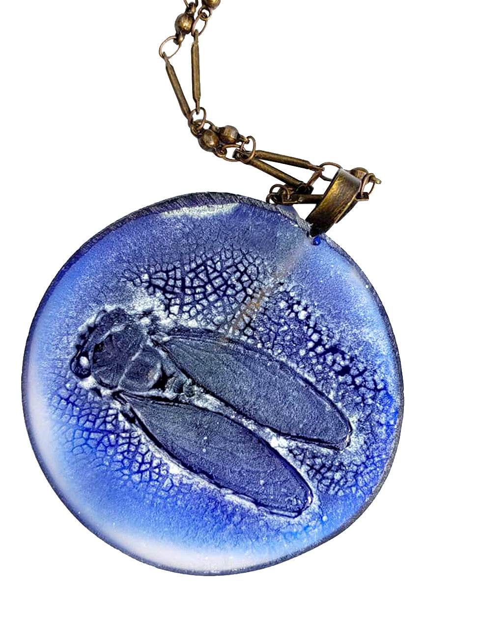 Necklace Hand Cast French Glass Beetle Blue