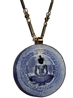 Necklace Hand Cast French Glass Buddha Blue