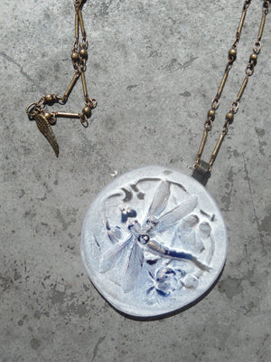 Necklace Hand Cast French Glass  Pendant Dragonfly Blue And White