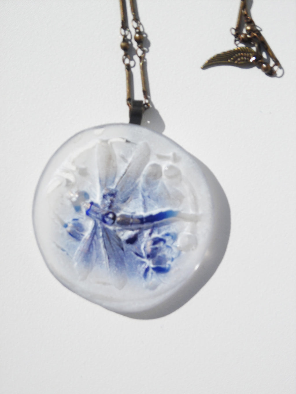 Necklace Hand Cast French Glass  Pendant Dragonfly Blue And White