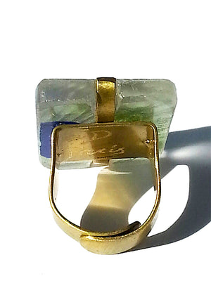 Ring Hand Cast French Glass Palm and Cross Green Blue
