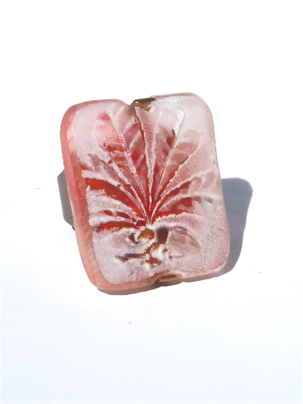 Ring Hand Cast French Glass Palm Leaf Pink