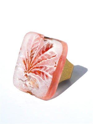 Ring Hand Cast French Glass Palm Leaf Pink
