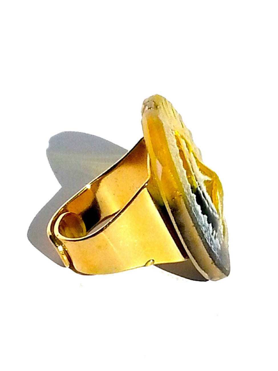 Ring Hand Cast French Glass Peacock Blue and Yellow Gold Plated Band