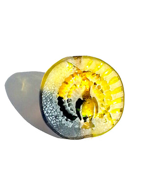 Ring Hand Cast French Glass Peacock Blue and Yellow Gold Plated Band