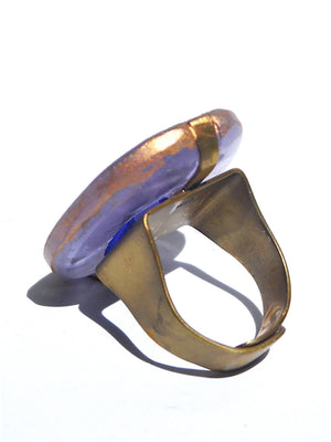 Ring Hand Cast French Glass Turtle Blue Gold