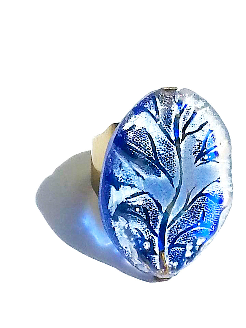 Ring Hand Cast French Glass Vine Blue