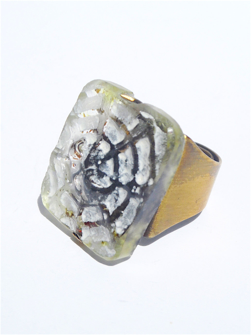 Ring Hand Cast French Glass Spider Web Gold