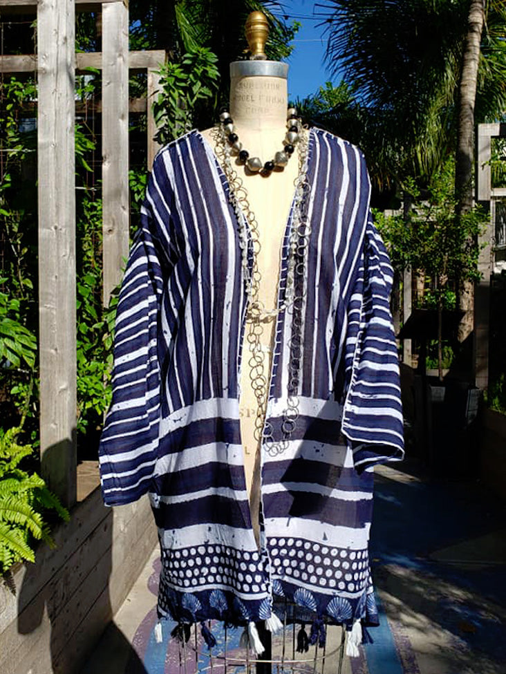 Cotton Kimono Caftan Shells and Stripes with Tassels