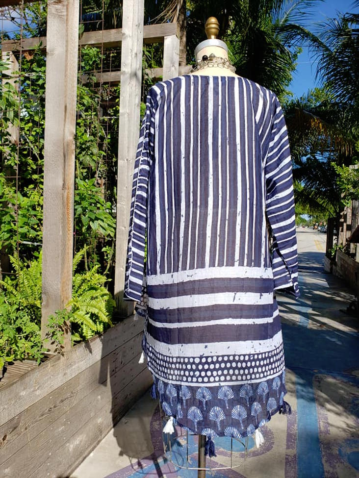 Cotton Kimono Caftan Shells and Stripes with Tassels