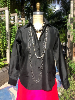 Thai Silk Button Down Shirt Black