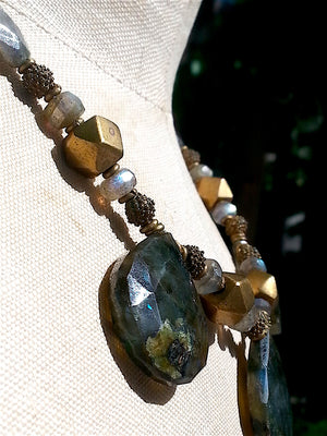 Necklace Faceted Labradorite Teardrops and Vintage African Brass