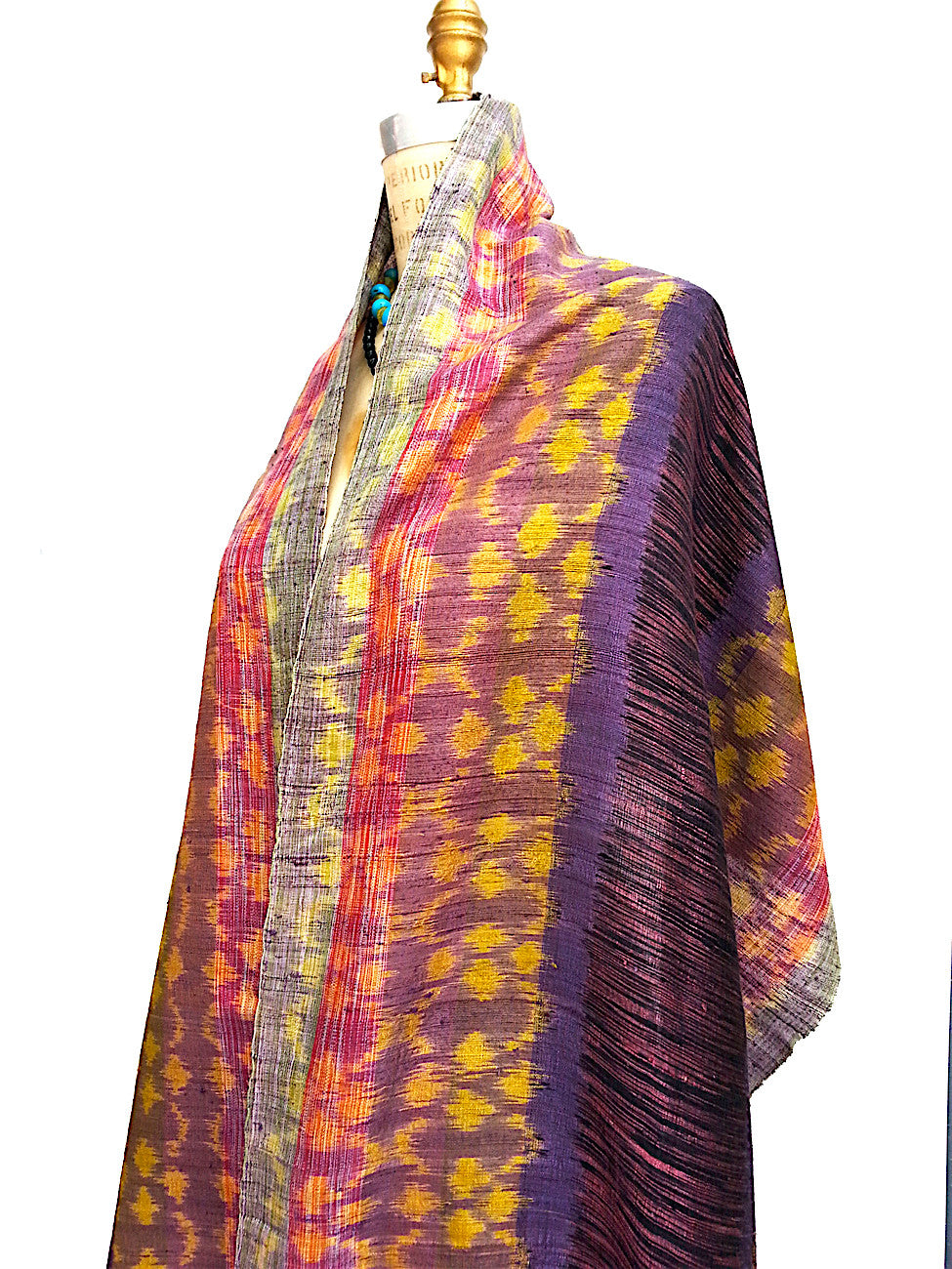 Raw Silk Ikat Shawl One Of A Kind Pink Blue Gold