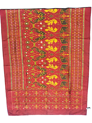 Silk Ikat Textile Red Gold Animal Motif
